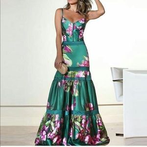 Green Floral Strap Maxi Dress for Wedding Events